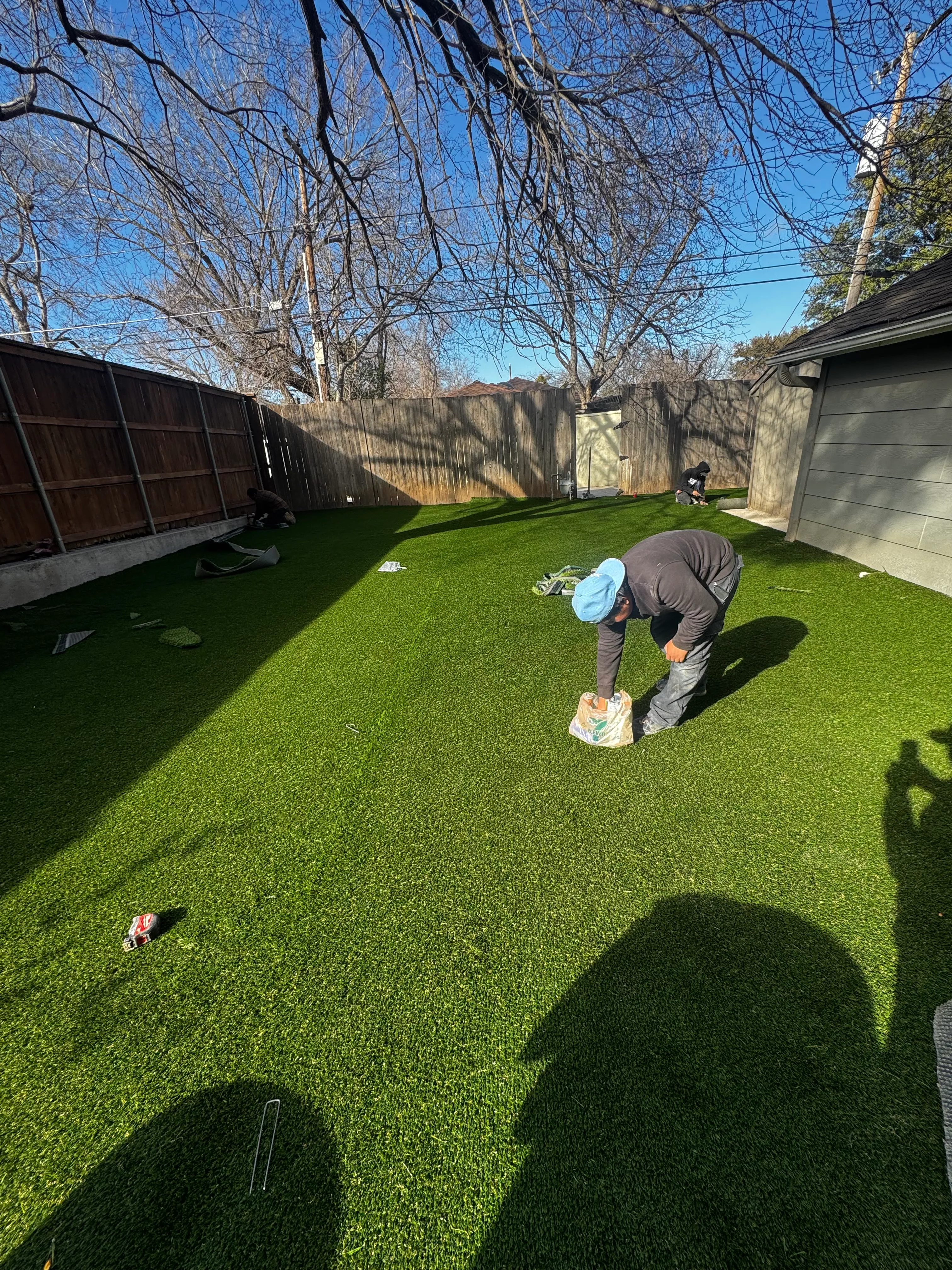 Construction 1 — Monticello front yard: 2,200 SF of turf under a mature Fort Worth tree canopy