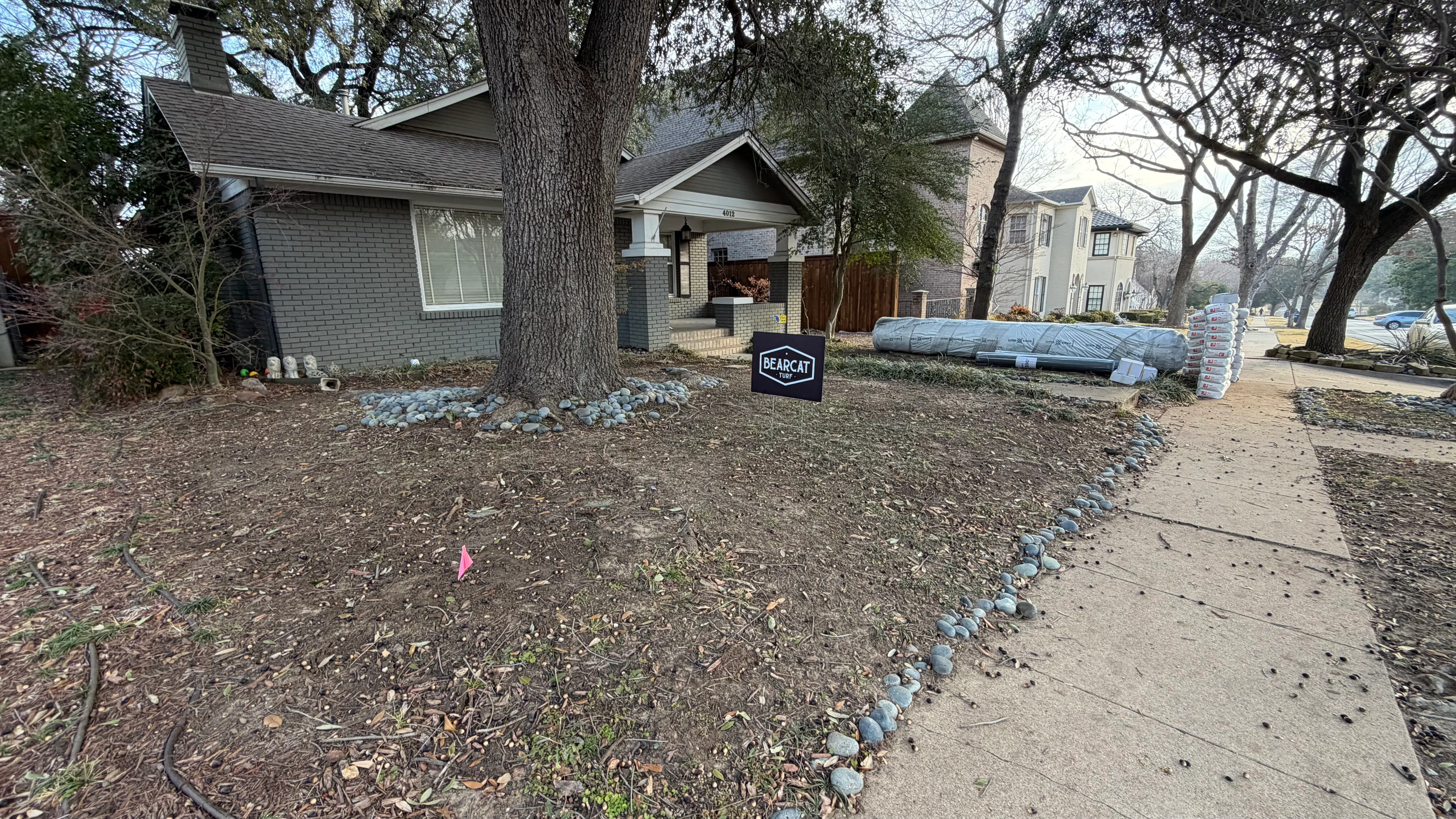 Before 2 — Monticello front yard: 2,200 SF of turf under a mature Fort Worth tree canopy