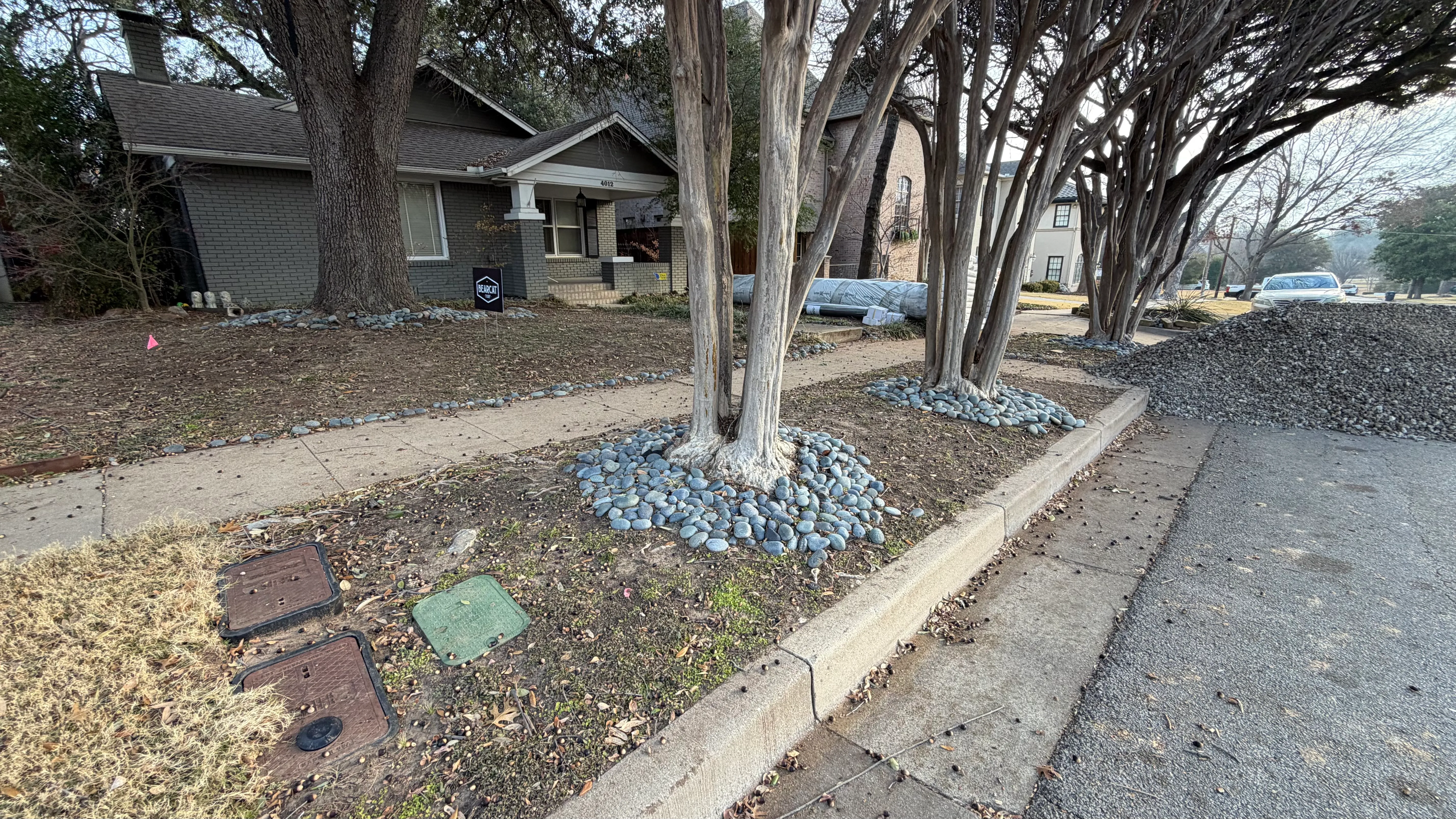 Before 3 — Monticello front yard: 2,200 SF of turf under a mature Fort Worth tree canopy