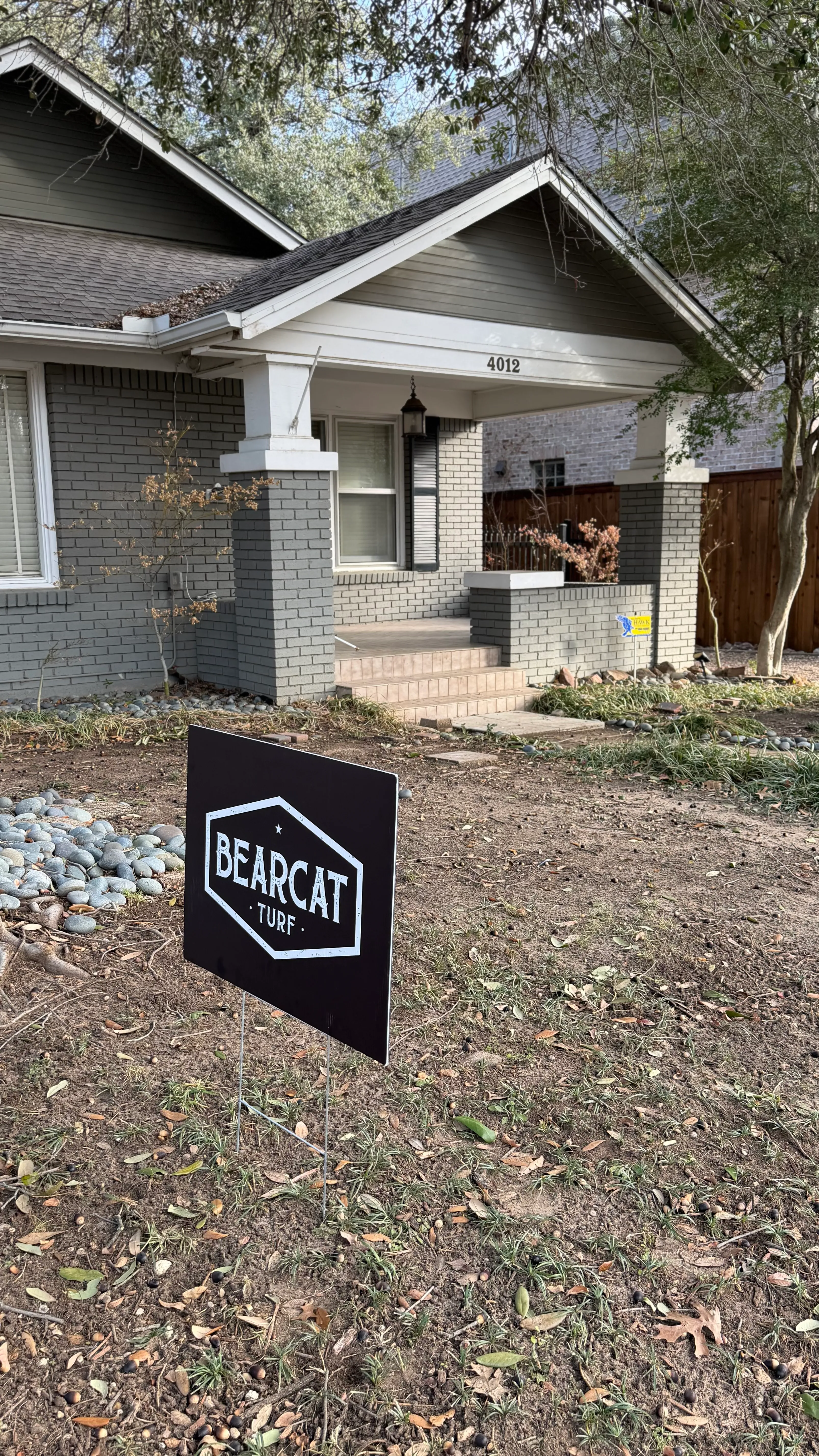 Before 7 — Monticello front yard: 2,200 SF of turf under a mature Fort Worth tree canopy
