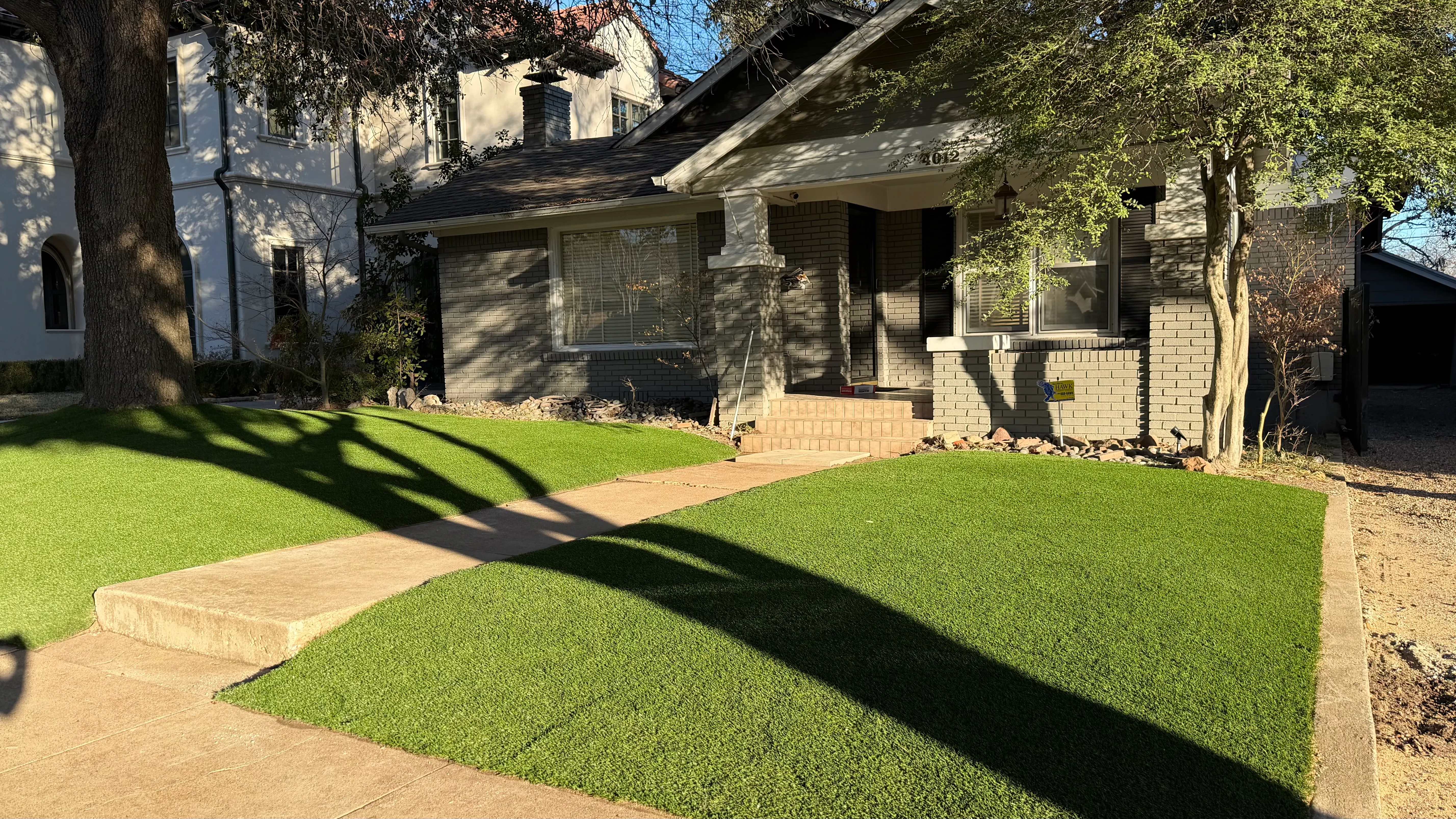 After 9 — Monticello front yard: 2,200 SF of turf under a mature Fort Worth tree canopy