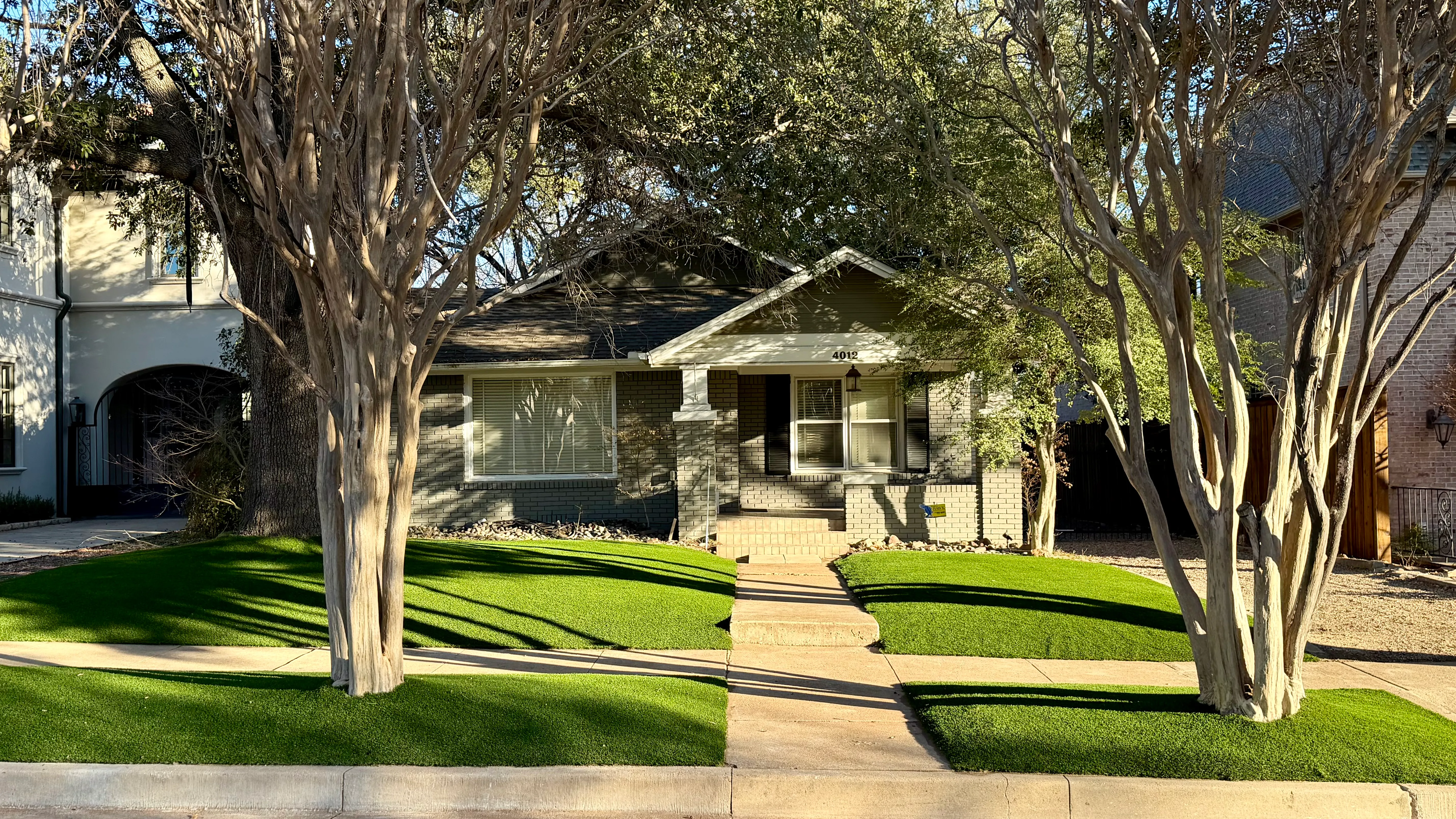 After 16 — Monticello front yard: 2,200 SF of turf under a mature Fort Worth tree canopy