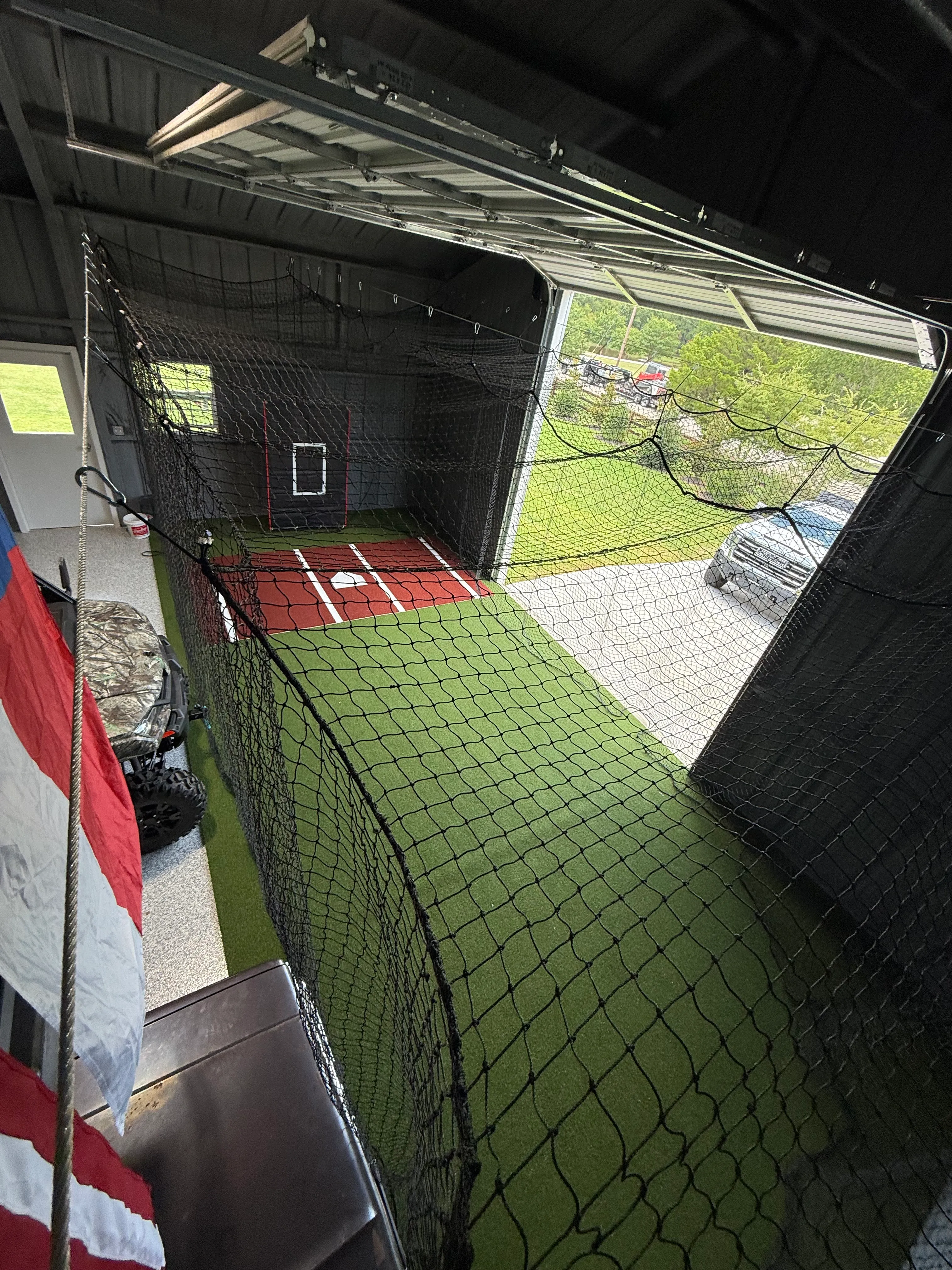 Argyle barn batting cage: Cimarron nets hung from the rafters, Performance Pro turf, barn still works — photo 5