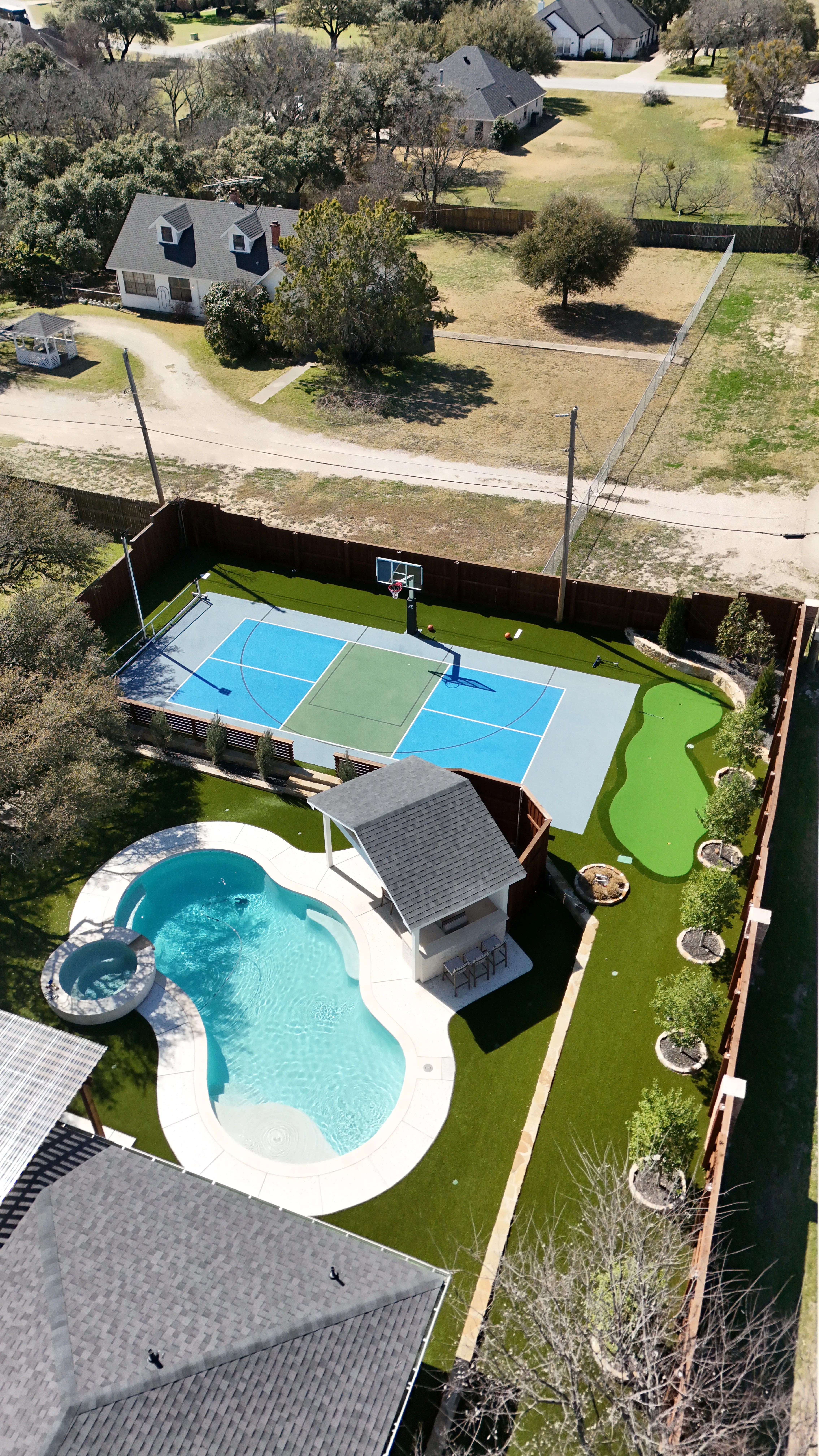 Aerial 1 — Aledo Airbnb-Ready Backyard — 3,000 SF Turf + Putting Green