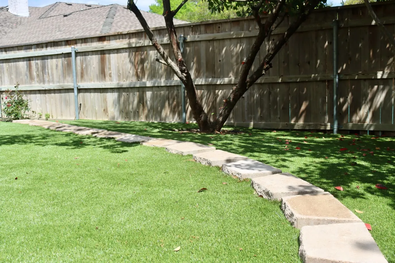 Artificial turf with stepping-stone path under oak in North Texas