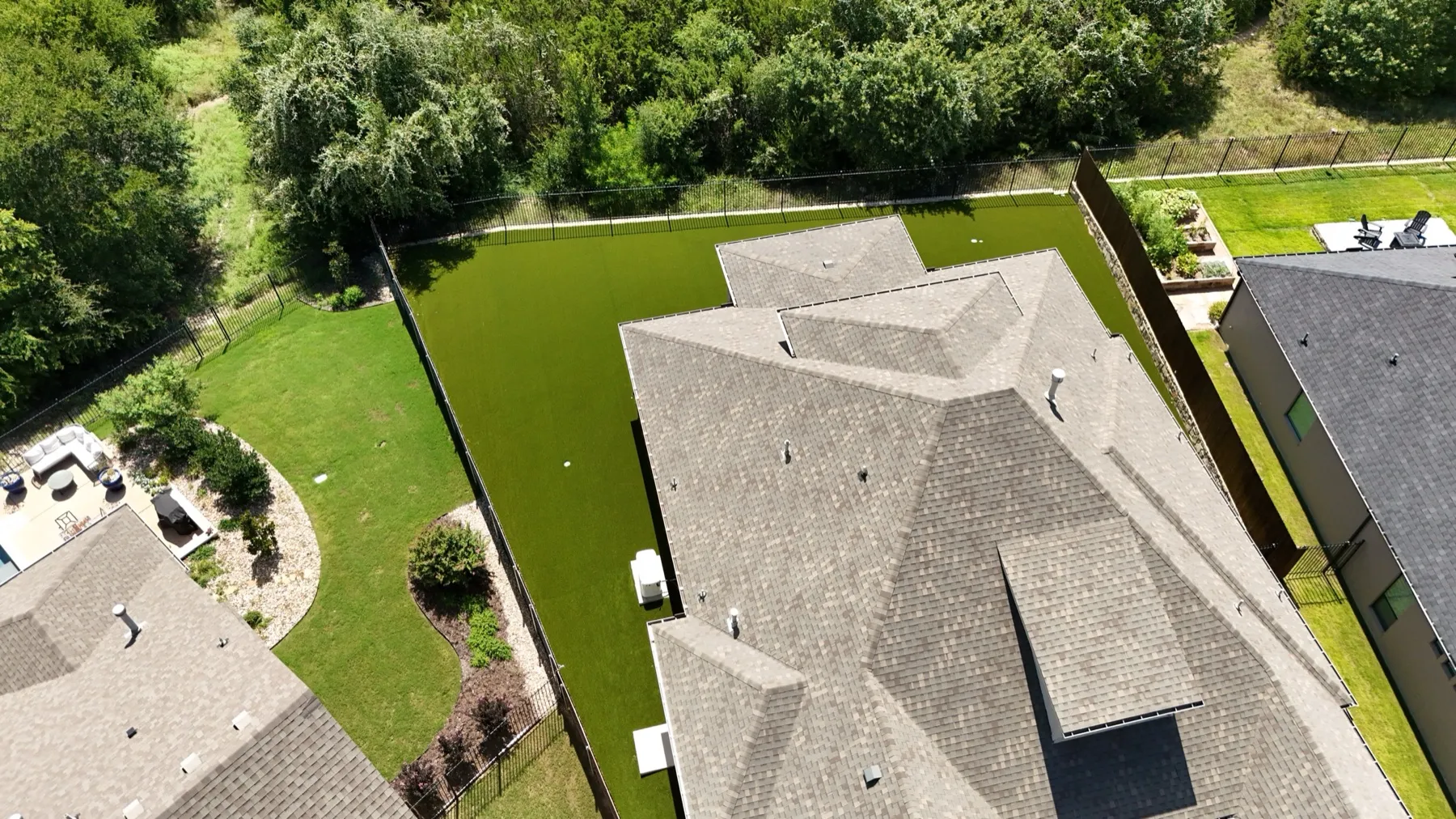 Aerial view of Aledo TX backyard artificial turf install