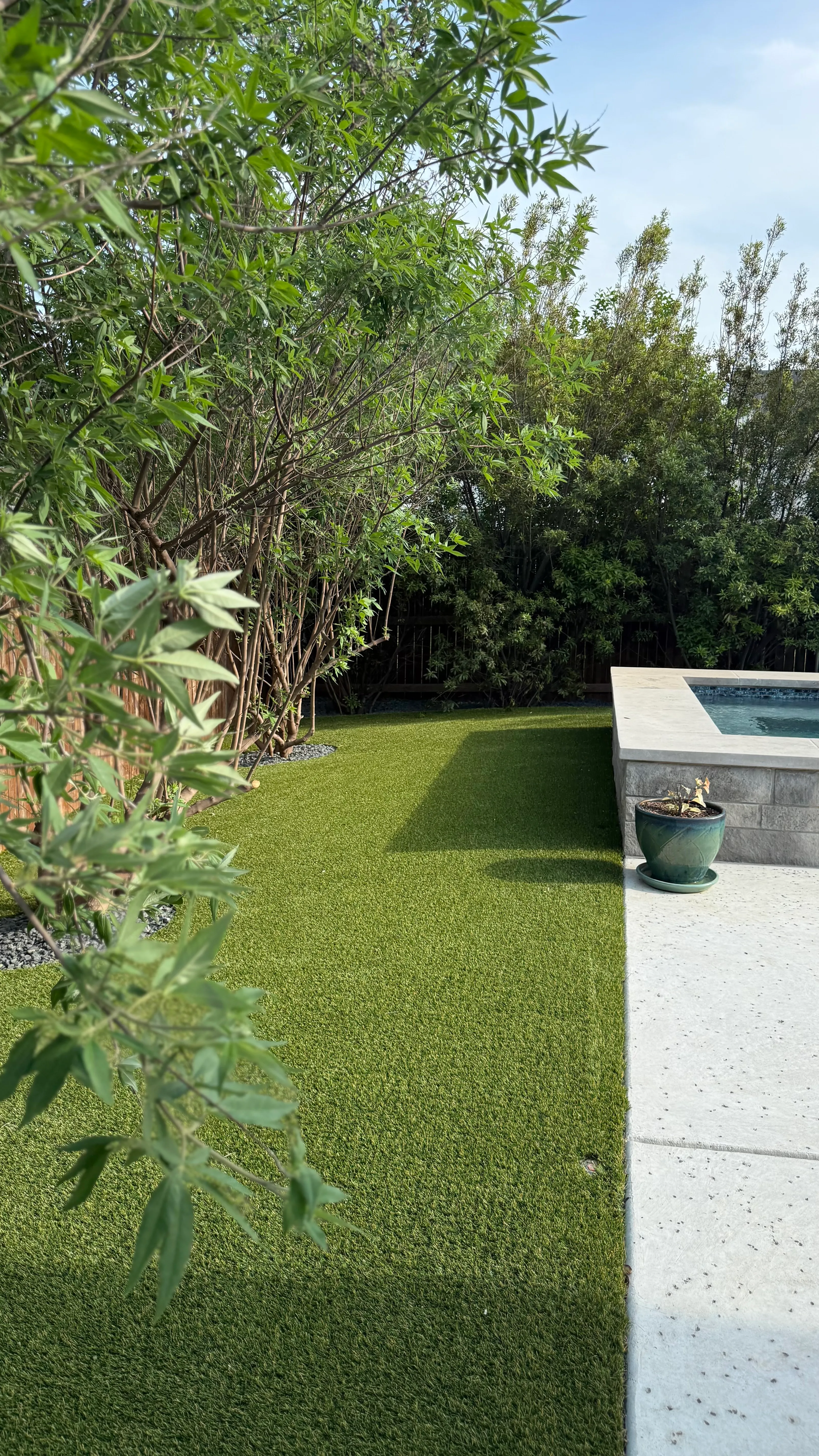 Artificial turf strip beside a raised spa corner bordered by tall cypress trees in a DFW backyard