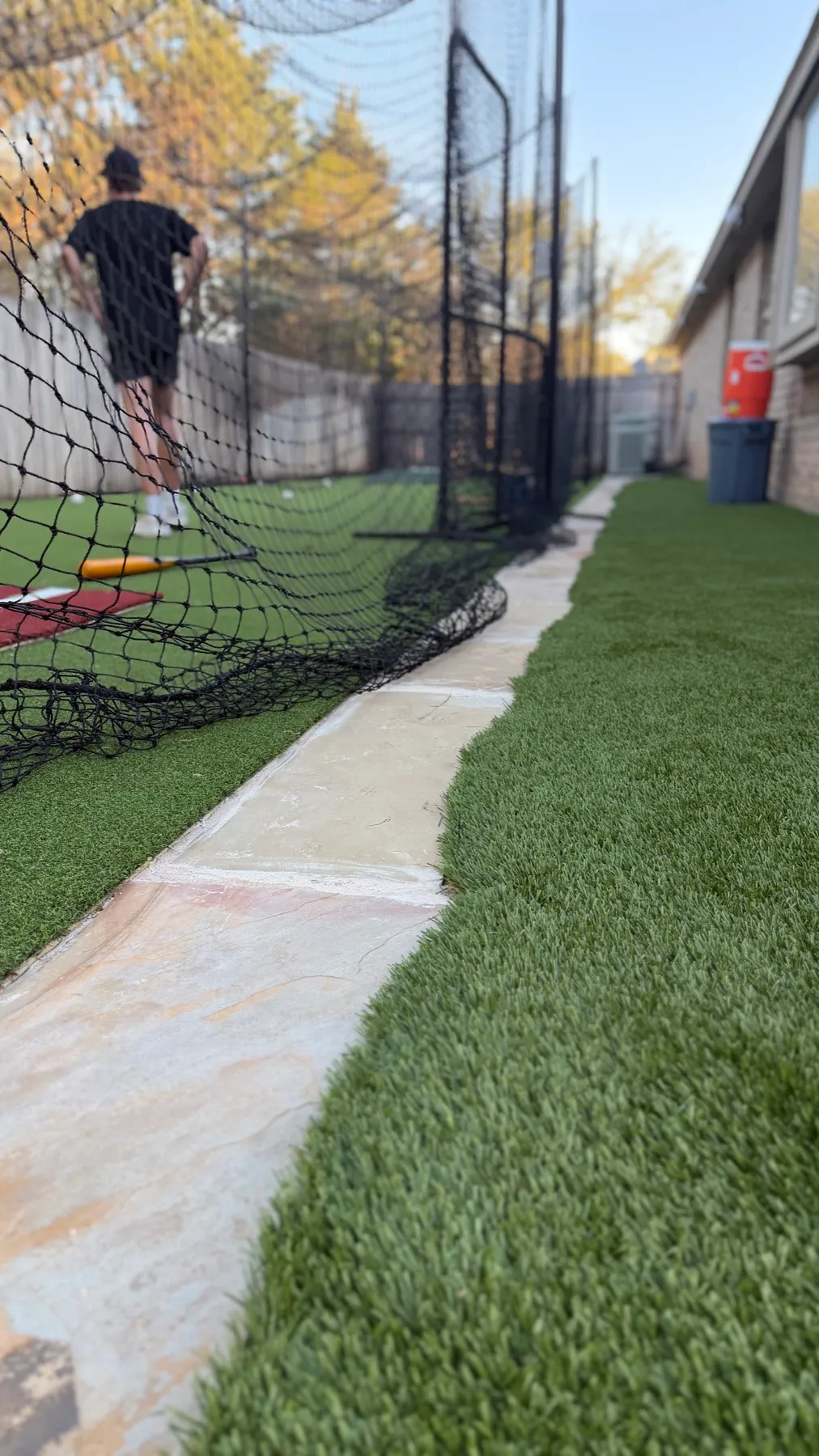 Flagstone walkway alongside backyard batting cage with turf lawn and brick home in Aledo TX