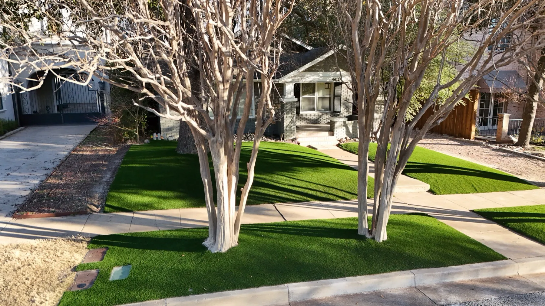 Front-yard artificial turf landscaping in Westworth Village, Fort Worth TX