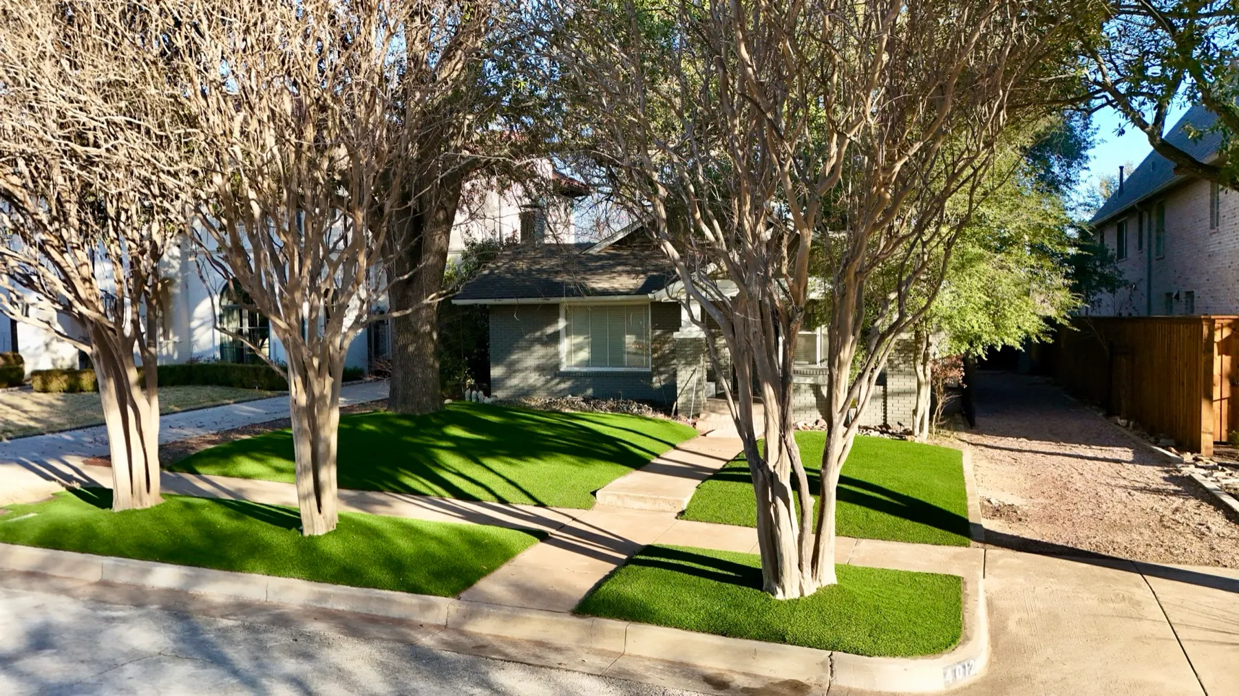 Front-yard artificial turf with shaped tree beds in Westworth Village, Fort Worth