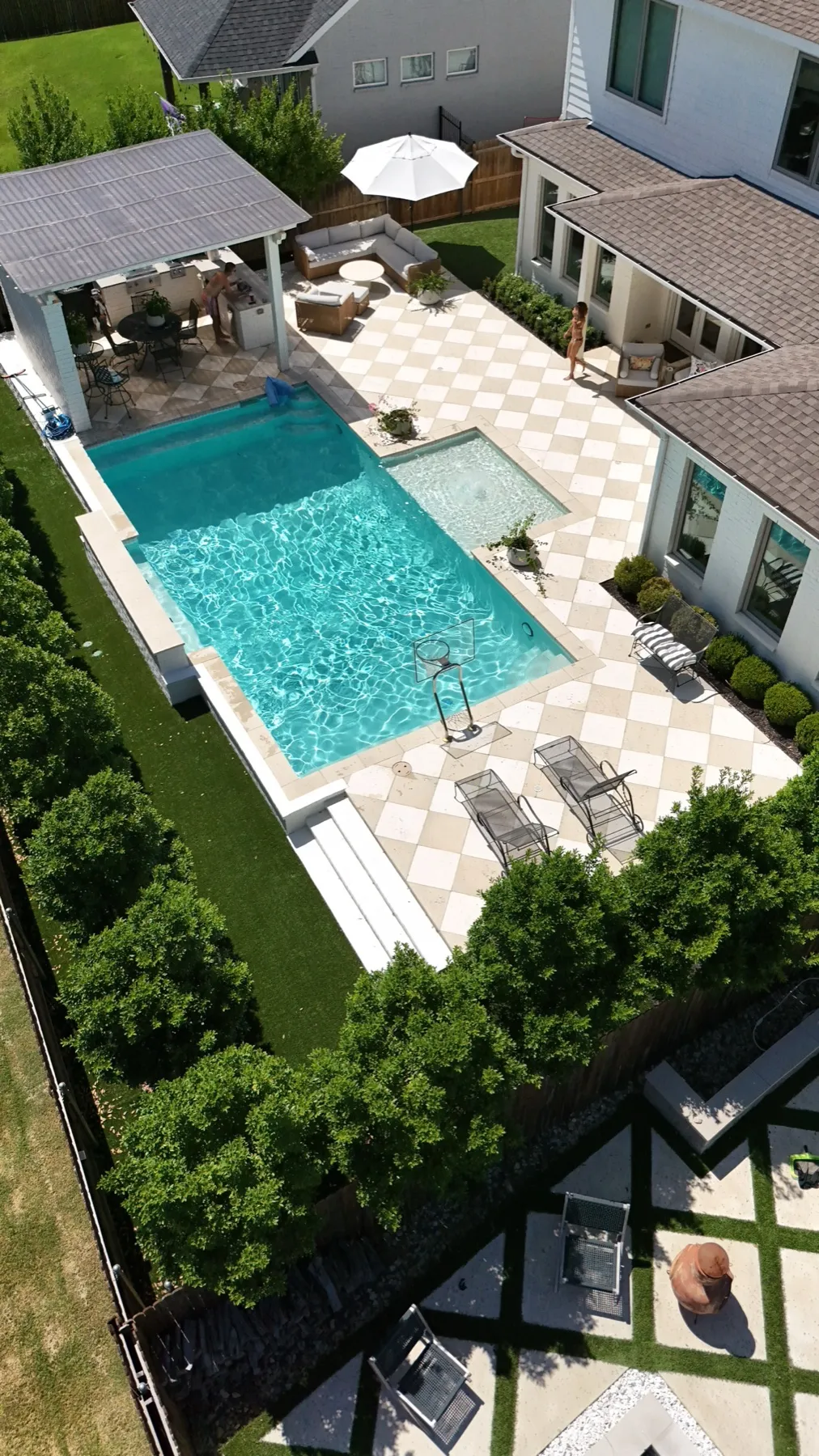 Aerial backyard artificial turf install in Aledo TX