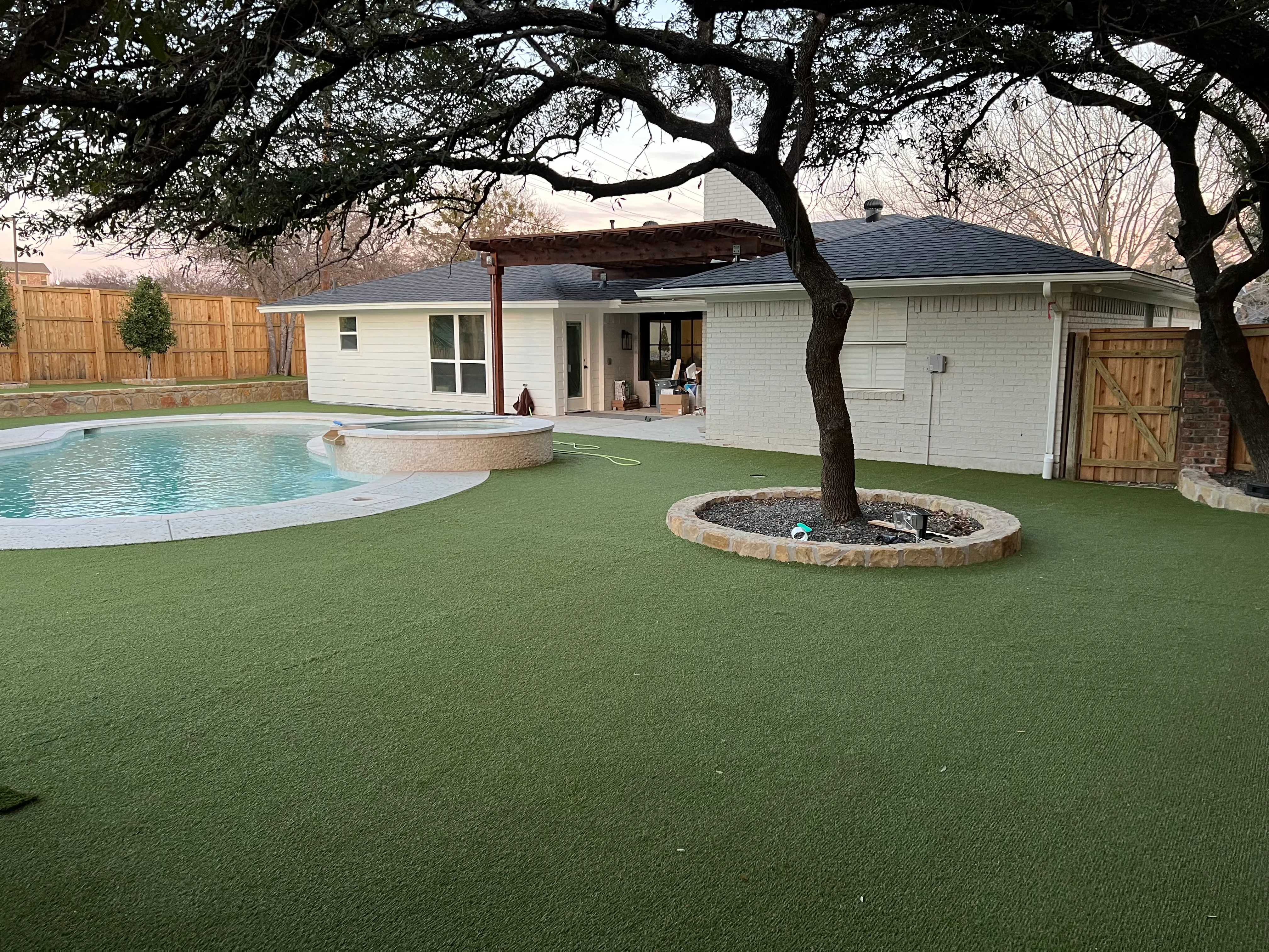 Freeform pool and raised spa under a mature oak tree with artificial turf lawn at dusk in DFW