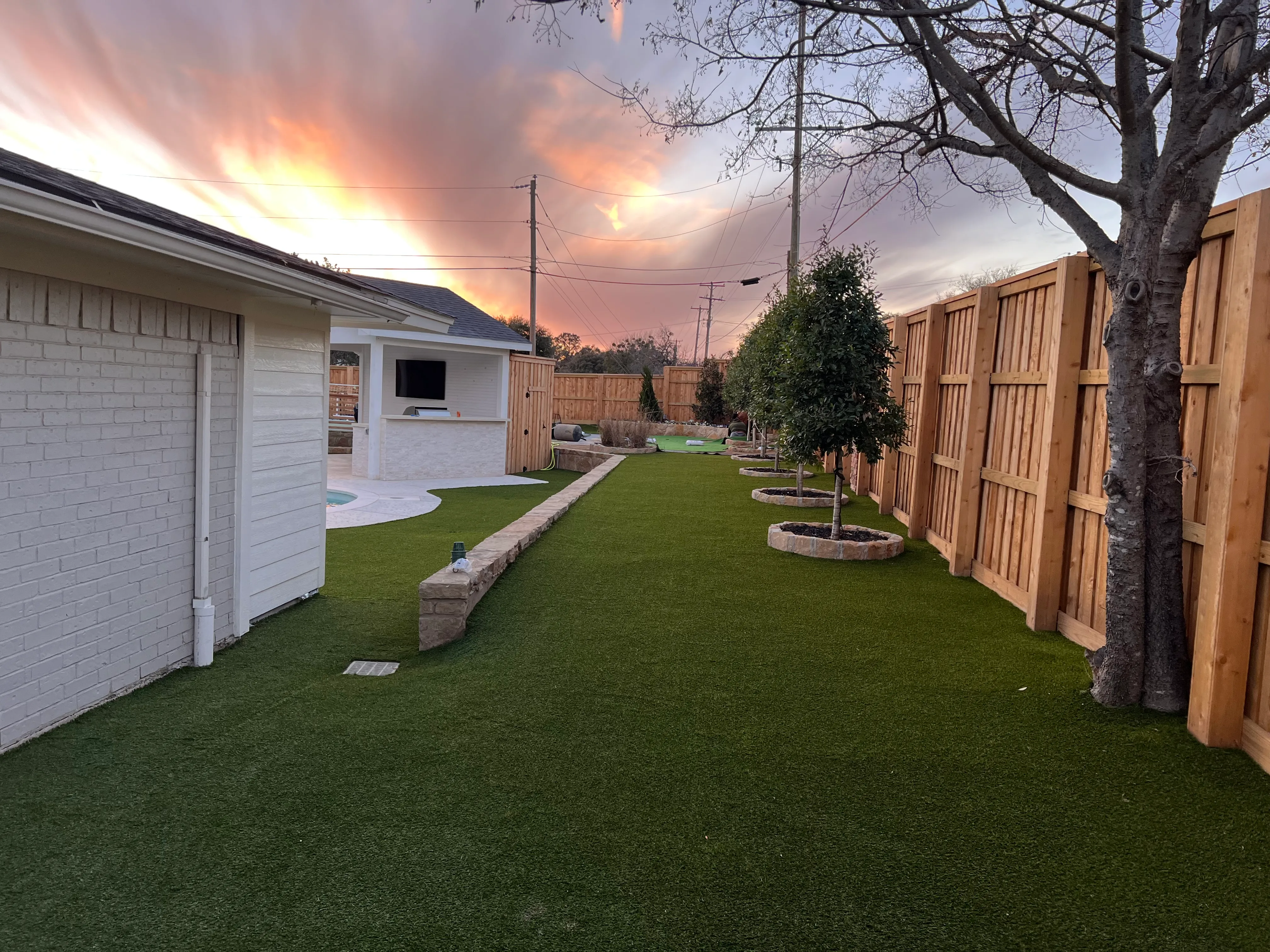 Row of newly planted fruit trees in stone planters along an artificial turf side yard at sunset in DFW