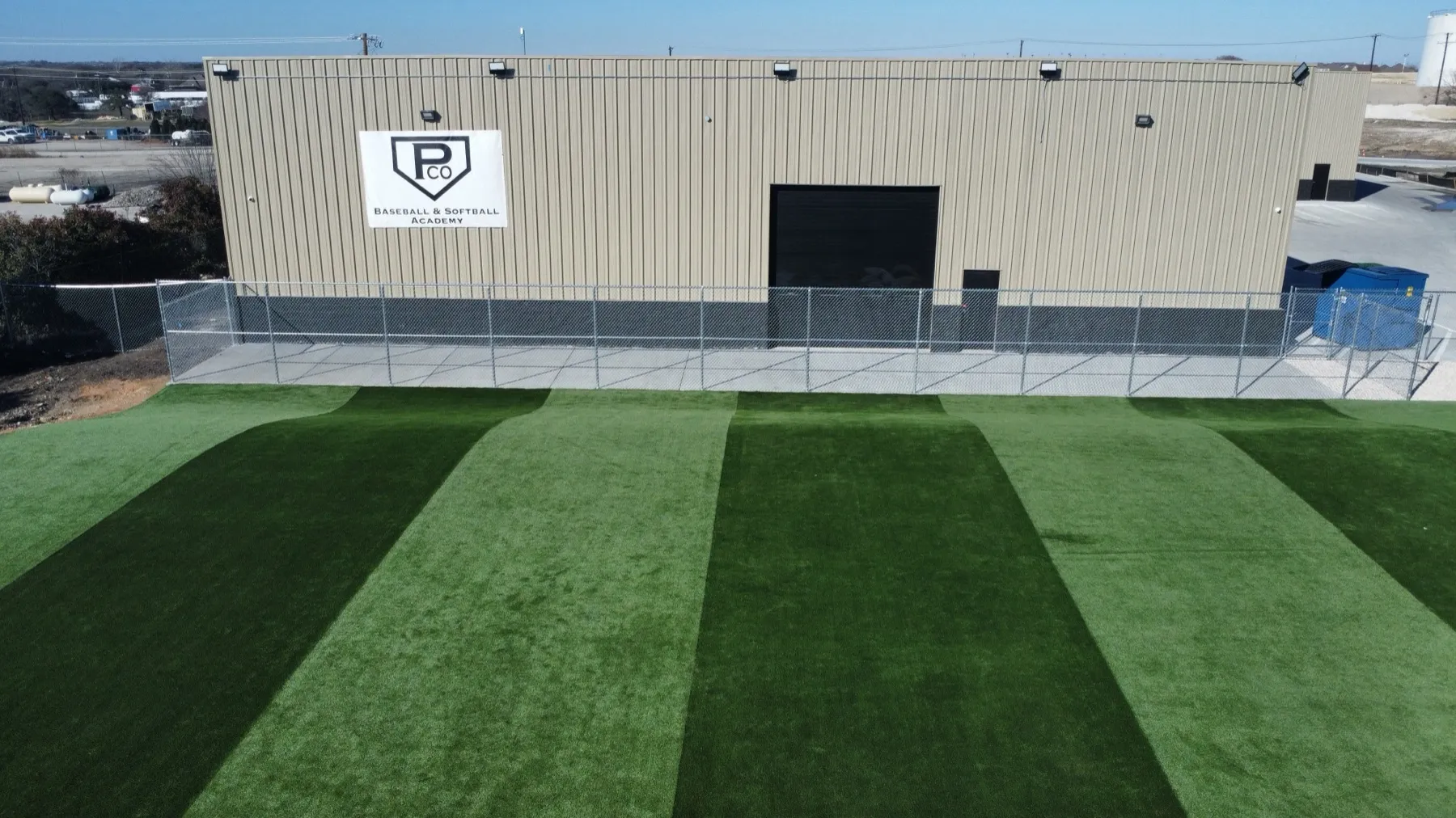 Aerial of Prestige Baseball & Softball Academy turf field in DFW