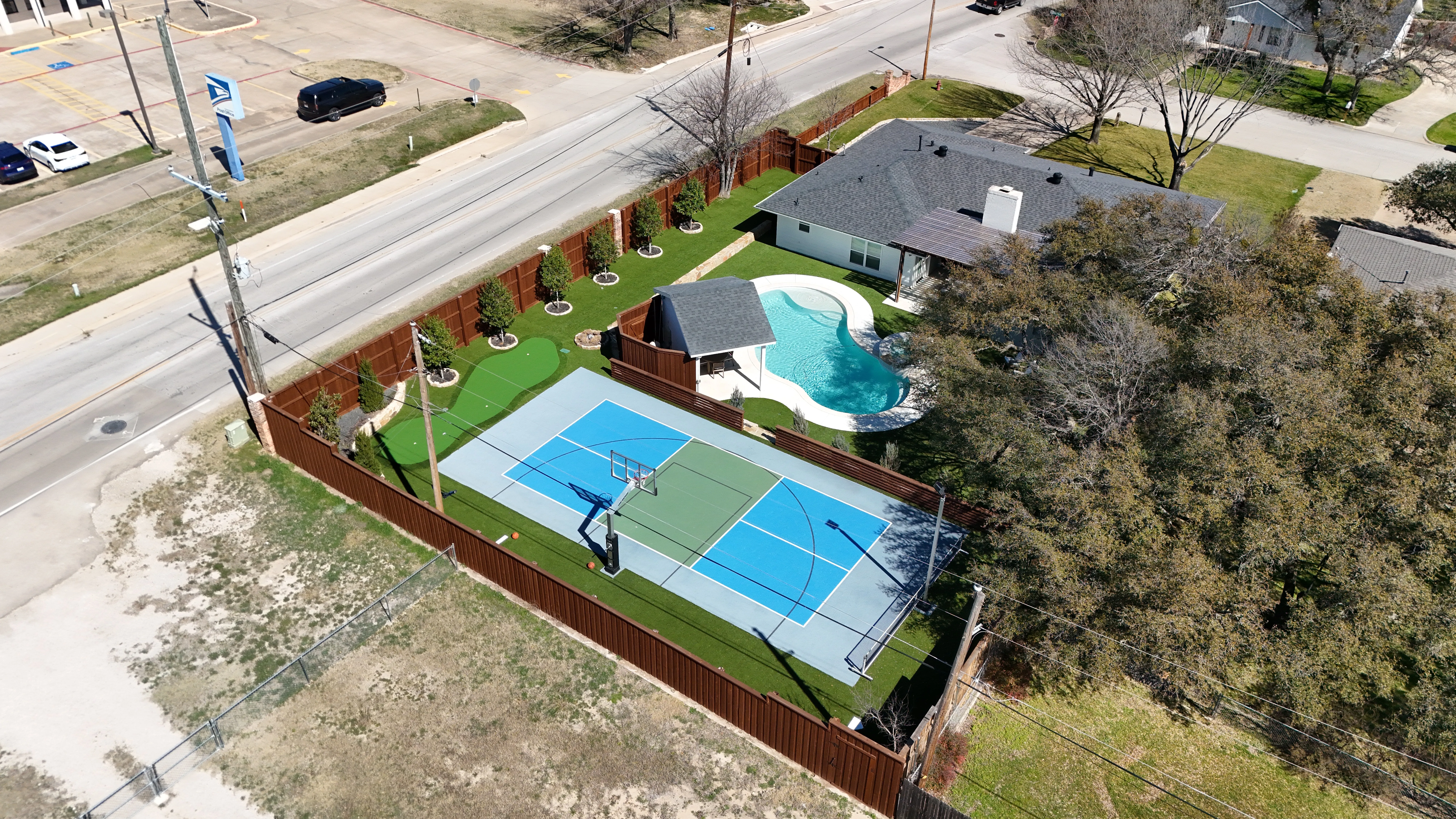 Aerial 1 — Aledo Airbnb-Ready Backyard — 3,000 SF Turf + Putting Green