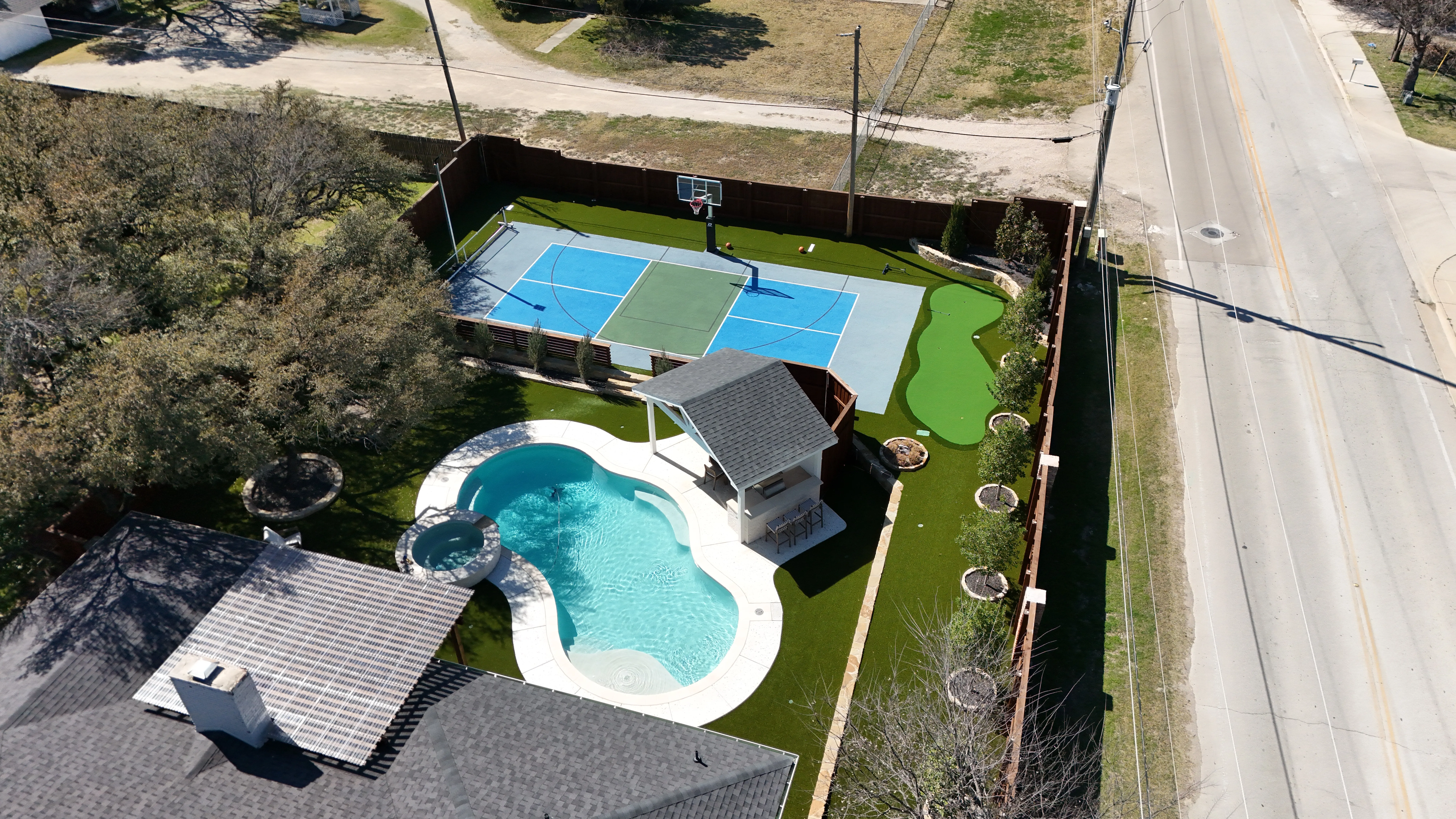 Aerial 3 — Aledo Airbnb-Ready Backyard — 3,000 SF Turf + Putting Green