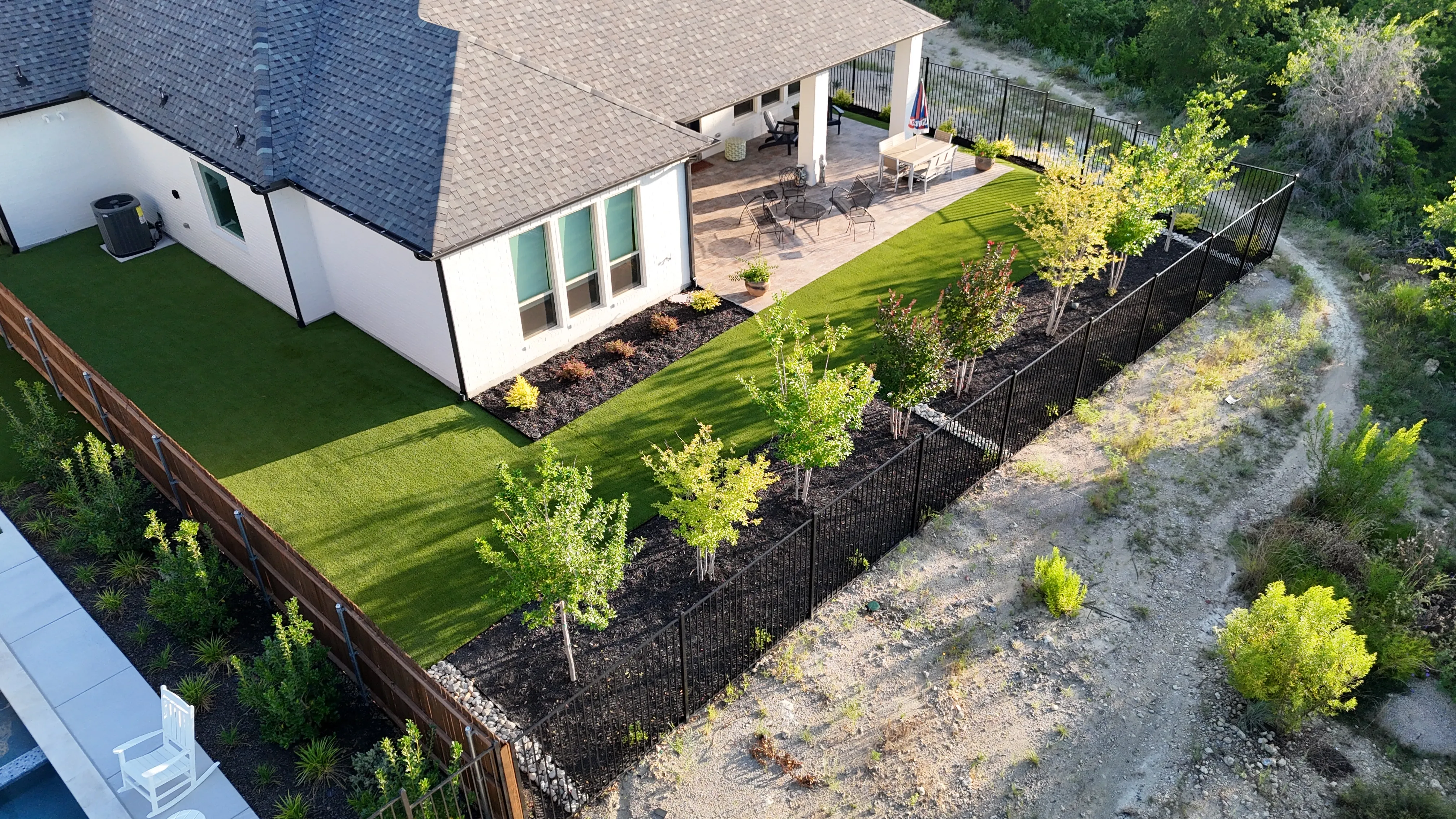 Aerial 2 — Parks of Aledo new build with Jobe Homes: a high-end greenbelt backyard built to enjoy, not maintain