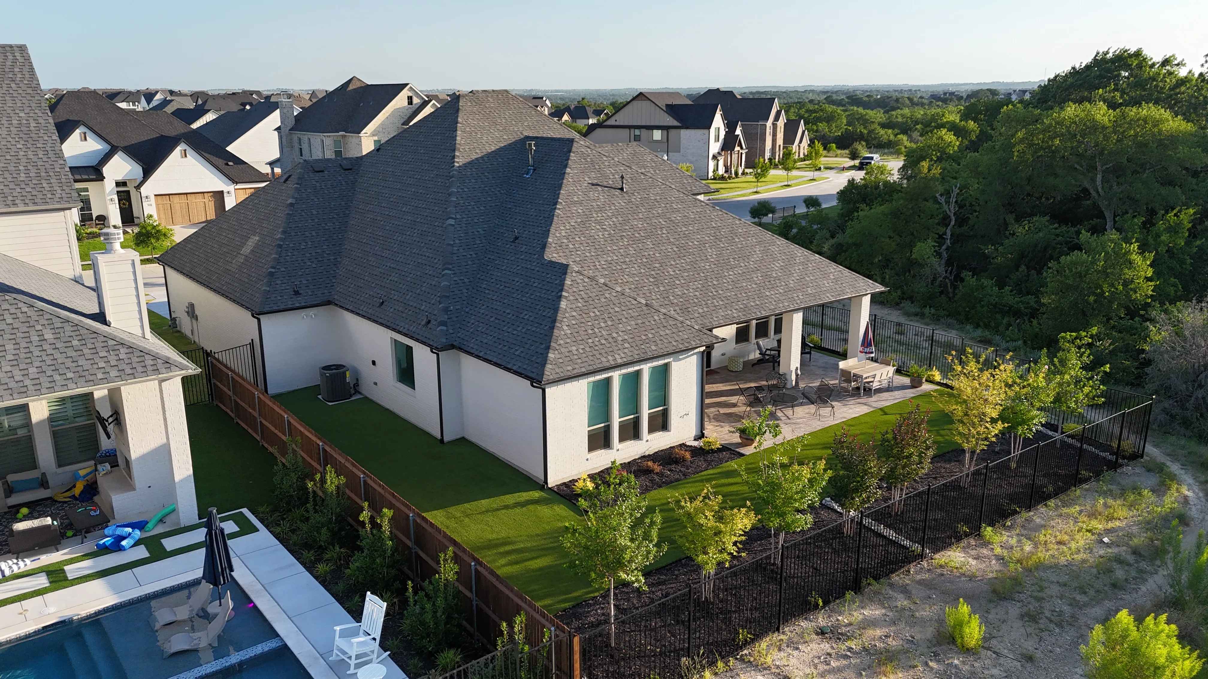 Aerial 4 — Parks of Aledo new build with Jobe Homes: a high-end greenbelt backyard built to enjoy, not maintain