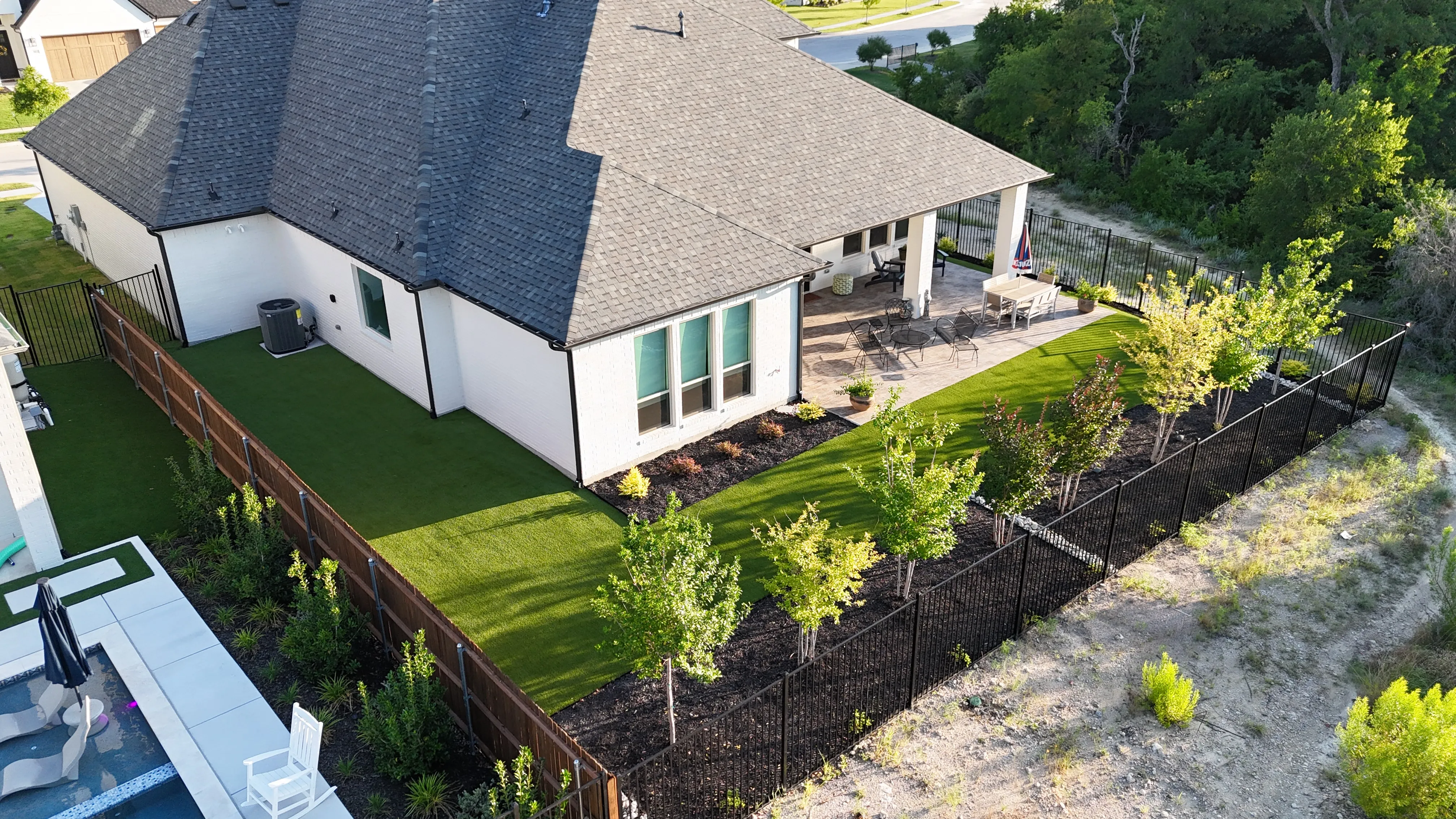 Aerial 5 — Parks of Aledo new build with Jobe Homes: a high-end greenbelt backyard built to enjoy, not maintain
