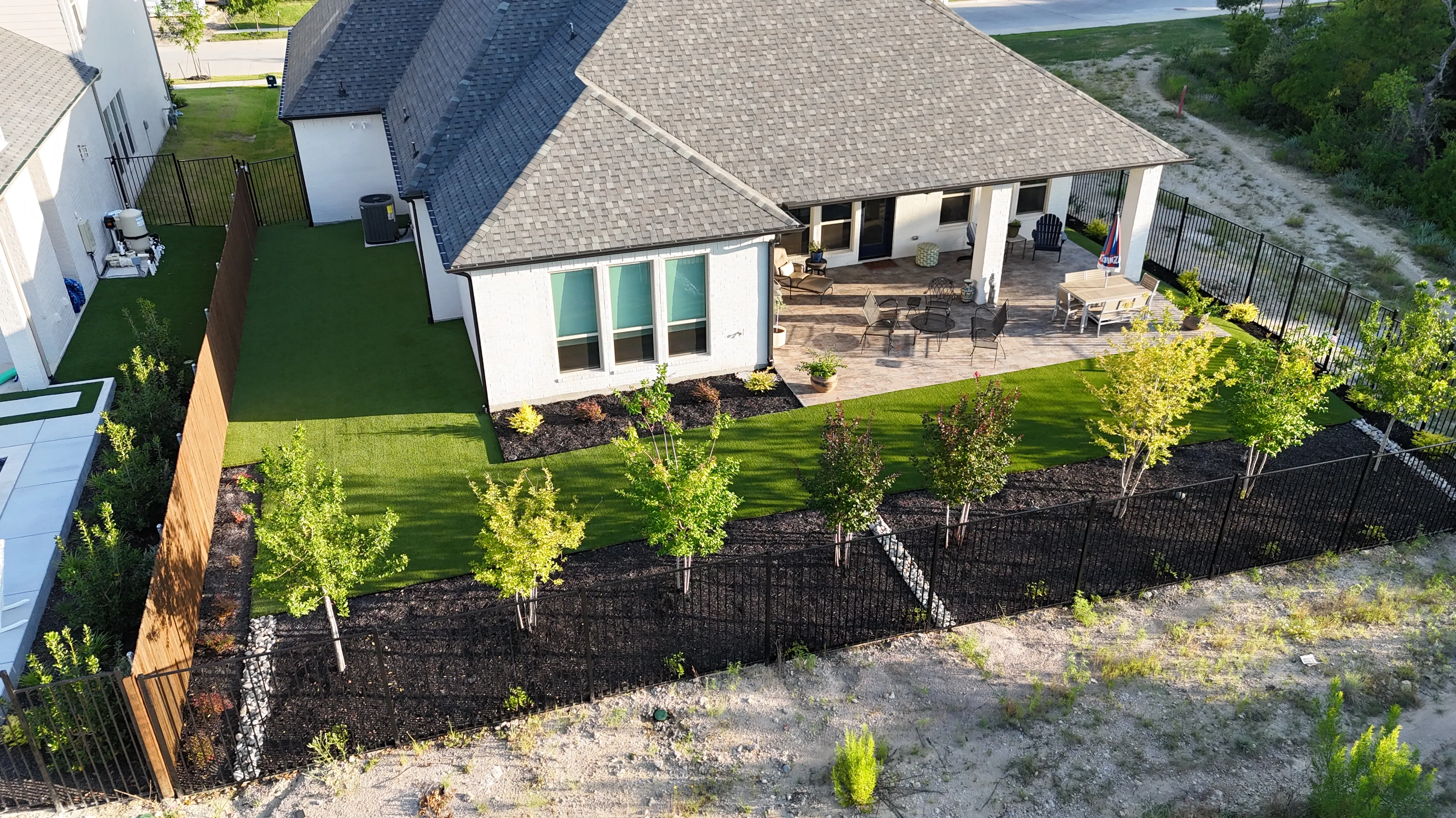 Aerial 6 — Parks of Aledo new build with Jobe Homes: a high-end greenbelt backyard built to enjoy, not maintain